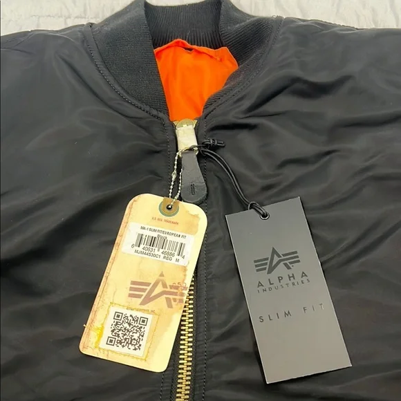 COPY - Alpha Industries Black and Orange Bomber Jacket with Ribbed Details